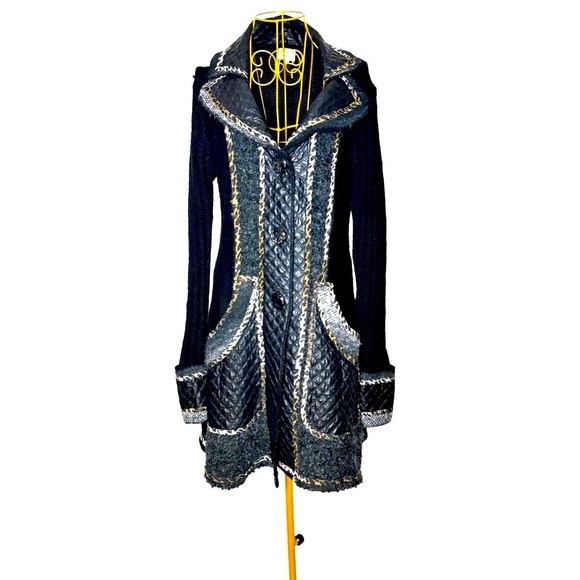 Sioni Mixed Media Wool Blend Black Jacket, w/ Faux Leather Details & Pockets, MP - Picture 5 of 16